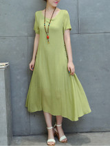 Casual Round Neck Decorative Button Plain Loose Swing Maxi Dress