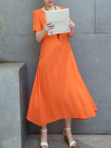Casual Round Neck Decorative Button Plain Loose Swing Maxi Dress