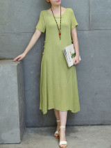 Casual Round Neck Decorative Button Plain Loose Swing Maxi Dress