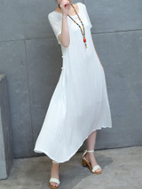 Casual Round Neck Decorative Button Plain Loose Swing Maxi Dress