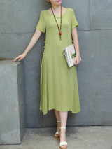 Casual Round Neck Decorative Button Plain Loose Swing Maxi Dress