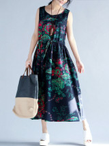 Casual Round Neck Drawstring Printed Flared Maxi Dress