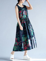 Casual Round Neck Drawstring Printed Flared Maxi Dress