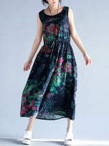 Casual Round Neck Drawstring Printed Flared Maxi Dress