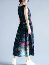 Casual Round Neck Drawstring Printed Flared Maxi Dress