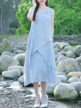 Casual Round Neck Asymmetric Hem Solid Layered Maxi Dress