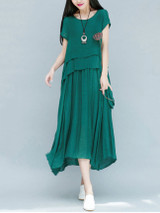Casual Loose Asymmetric Hem Plain Layered Round Neck Maxi Dress