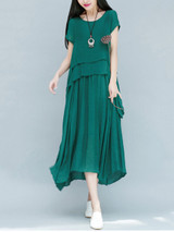 Casual Loose Asymmetric Hem Plain Layered Round Neck Maxi Dress