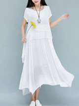 Casual Loose Asymmetric Hem Plain Layered Round Neck Maxi Dress