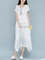 Casual Loose Asymmetric Hem Plain Layered Round Neck Maxi Dress