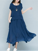 Casual Loose Asymmetric Hem Plain Layered Round Neck Maxi Dress