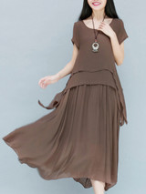 Casual Loose Asymmetric Hem Plain Layered Round Neck Maxi Dress