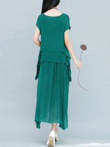 Casual Loose Asymmetric Hem Plain Layered Round Neck Maxi Dress