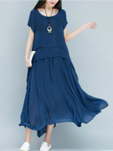 Casual Loose Asymmetric Hem Plain Layered Round Neck Maxi Dress