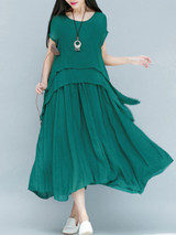 Casual Loose Asymmetric Hem Plain Layered Round Neck Maxi Dress