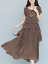 Casual Loose Asymmetric Hem Plain Layered Round Neck Maxi Dress