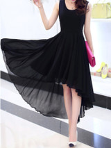 Casual High-Low Round Neck Bowknot Plain Chiffon Maxi Dress