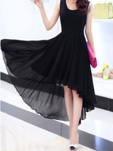 Casual High-Low Round Neck Bowknot Plain Chiffon Maxi Dress
