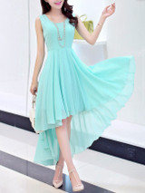 Casual High-Low Round Neck Bowknot Plain Chiffon Maxi Dress
