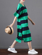Casual Round Neck Side Slit Striped Loose Maxi Dress Casual Round Neck Side Slit Striped Loose Maxi Dress