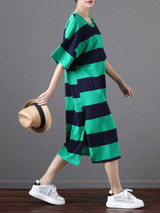 Casual Round Neck Side Slit Striped Loose Maxi Dress