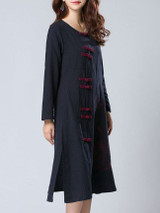 Casual Embroidery Side Slit Pocket Decorative Button Loose Maxi Dress
