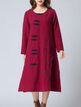 Casual Embroidery Side Slit Pocket Decorative Button Loose Maxi Dress