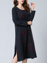 Casual Embroidery Side Slit Pocket Decorative Button Loose Maxi Dress