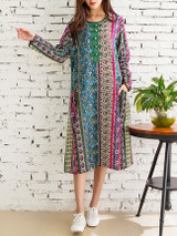 Casual Round Neck Pocket Decorative Button Printed Loose Maxi Dress