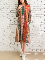 Casual Round Neck Pocket Decorative Button Printed Loose Maxi Dress