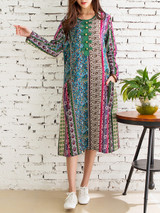 Casual Round Neck Pocket Decorative Button Printed Loose Maxi Dress
