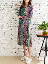 Casual Round Neck Pocket Decorative Button Printed Loose Maxi Dress