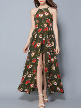 Casual Flowy High Slit Floral Printed Spaghetti Strap Maxi Dress