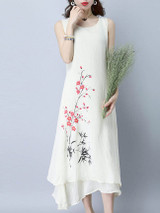 Casual Round Neck Drawstring Chinoiserie Printed Maxi Dress