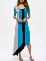 Casual Color Block Asymmetric Hem Scoop Neck Maxi Dress