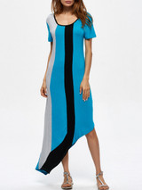 Casual Color Block Asymmetric Hem Scoop Neck Maxi Dress