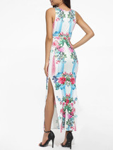 Casual Round Neck Dacron Floral Printed Split Maxi-dress
