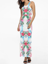 Casual Round Neck Dacron Floral Printed Split Maxi-dress