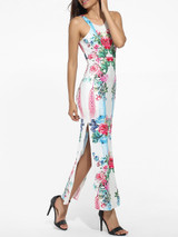 Casual Round Neck Dacron Floral Printed Split Maxi-dress