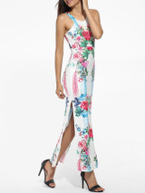 Casual Round Neck Dacron Floral Printed Split Maxi-dress