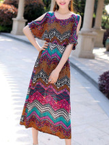 Casual Swing Open Shoulder Printed Zigzag Striped Maxi Dress