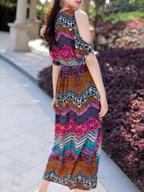 Casual Swing Open Shoulder Printed Zigzag Striped Maxi Dress