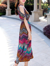 Casual Swing Open Shoulder Printed Zigzag Striped Maxi Dress