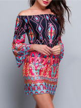 Casual Bohemian Floral Printed Off Shoulder Shift Dress