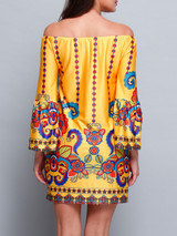 Casual Yellow Bohemian Printed Off Shoulder Shift Dress