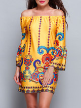 Casual Yellow Bohemian Printed Off Shoulder Shift Dress