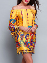 Casual Yellow Bohemian Printed Off Shoulder Shift Dress