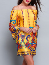 Casual Yellow Bohemian Printed Off Shoulder Shift Dress