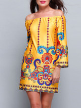 Casual Yellow Bohemian Printed Off Shoulder Shift Dress