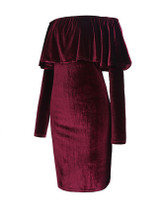 Casual Off Shoulder Flounce Velvet Solid Bodycon Dress